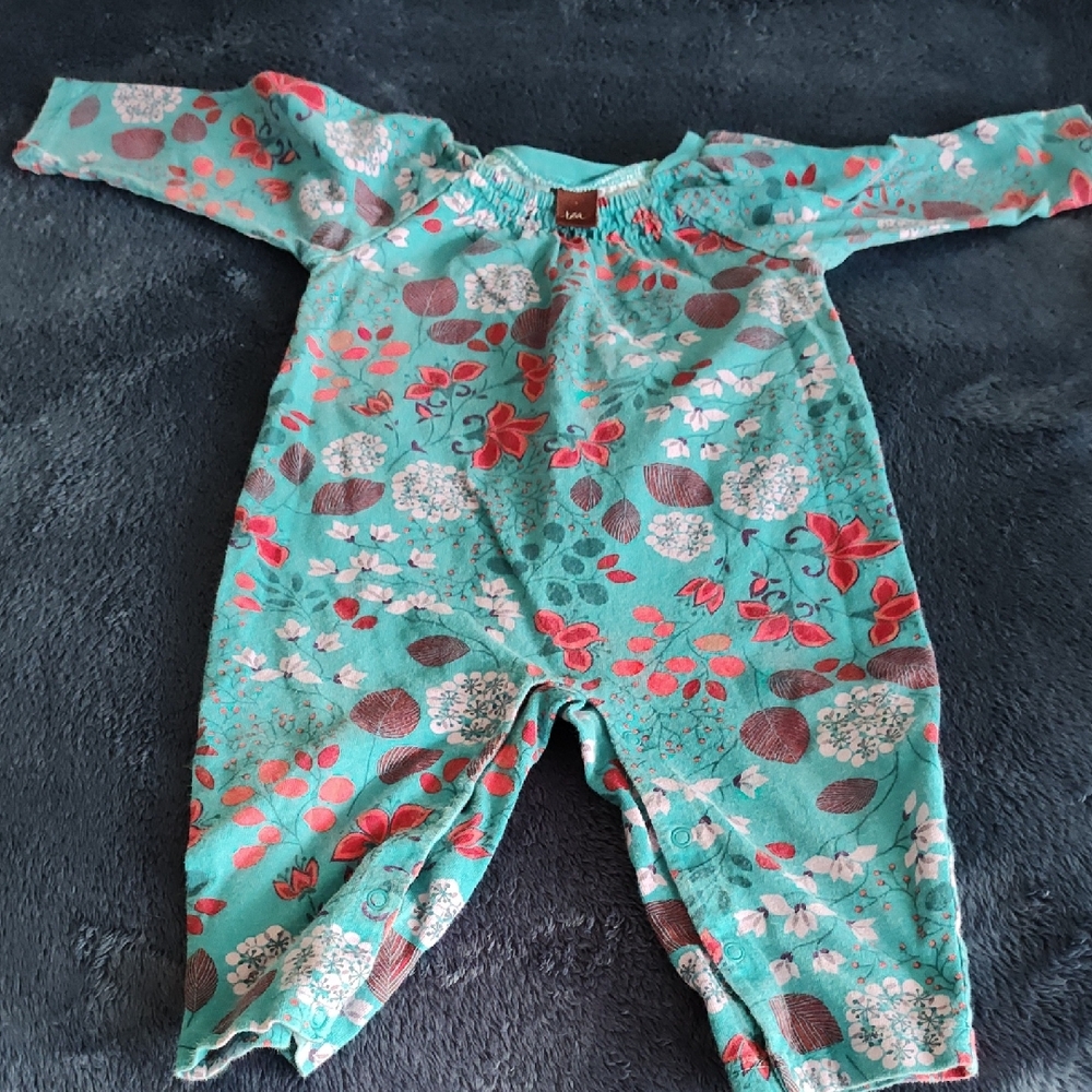 Tea Collection Teal Floral Baby Footie with Red and White Accents